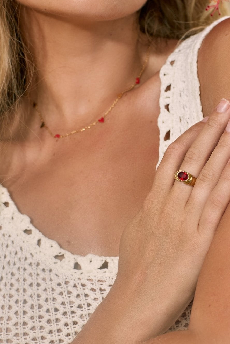 Waterproof and tarnish resistant red gemstone ring 