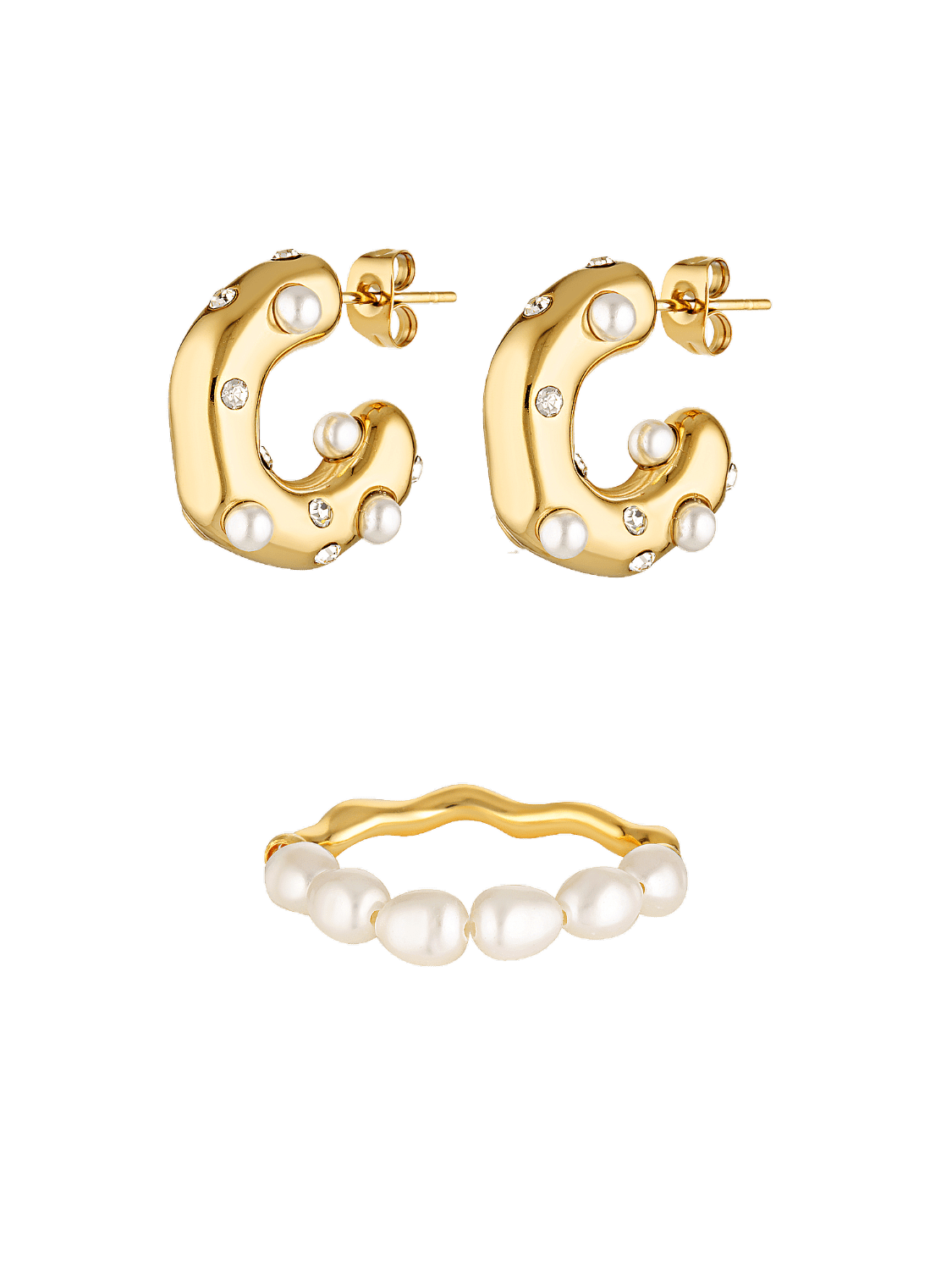 Pearl studded gold hoops and a pearl ring gift set